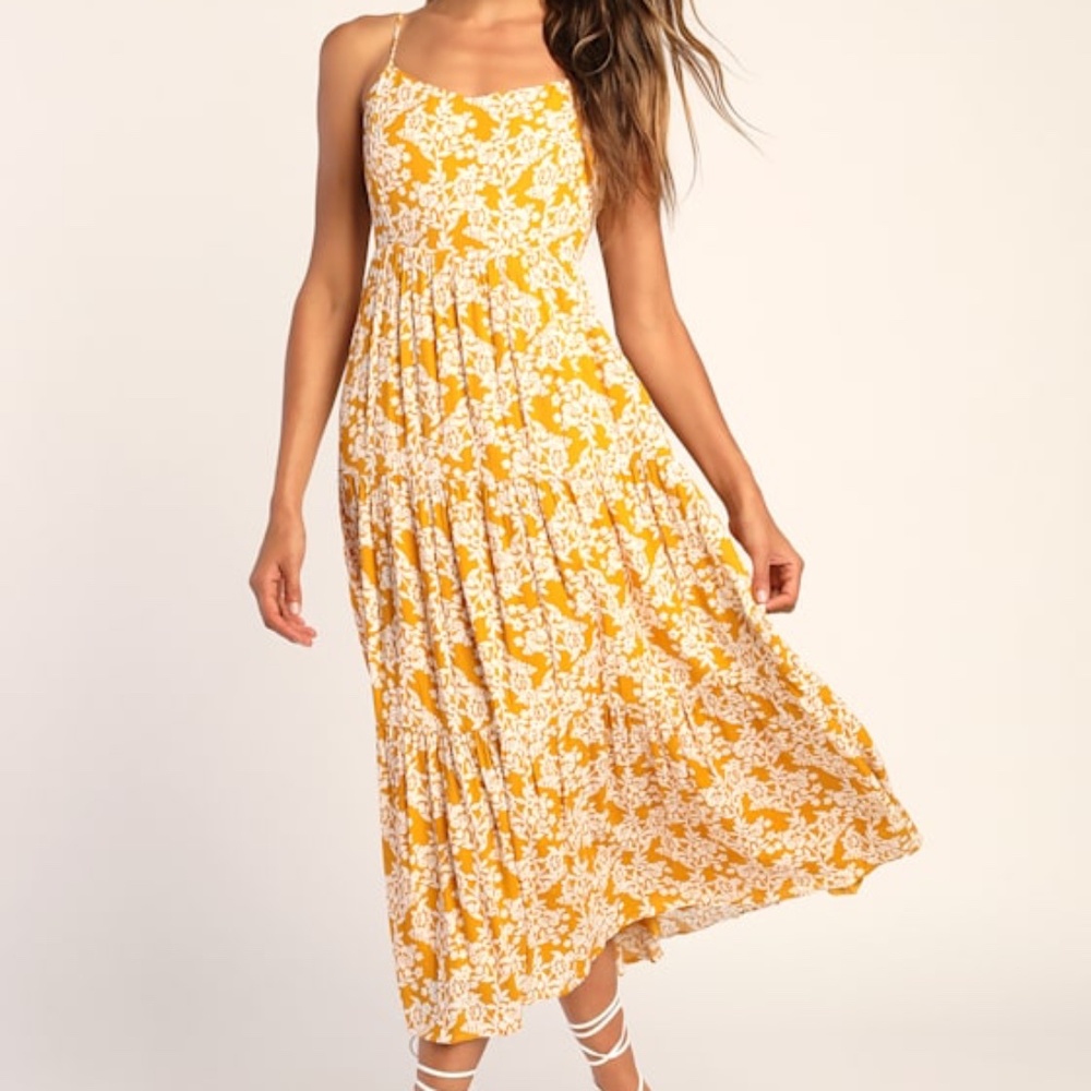 Lulus Catching Sunrays Mustard Yellow Floral Print Midi Dress - Size S
